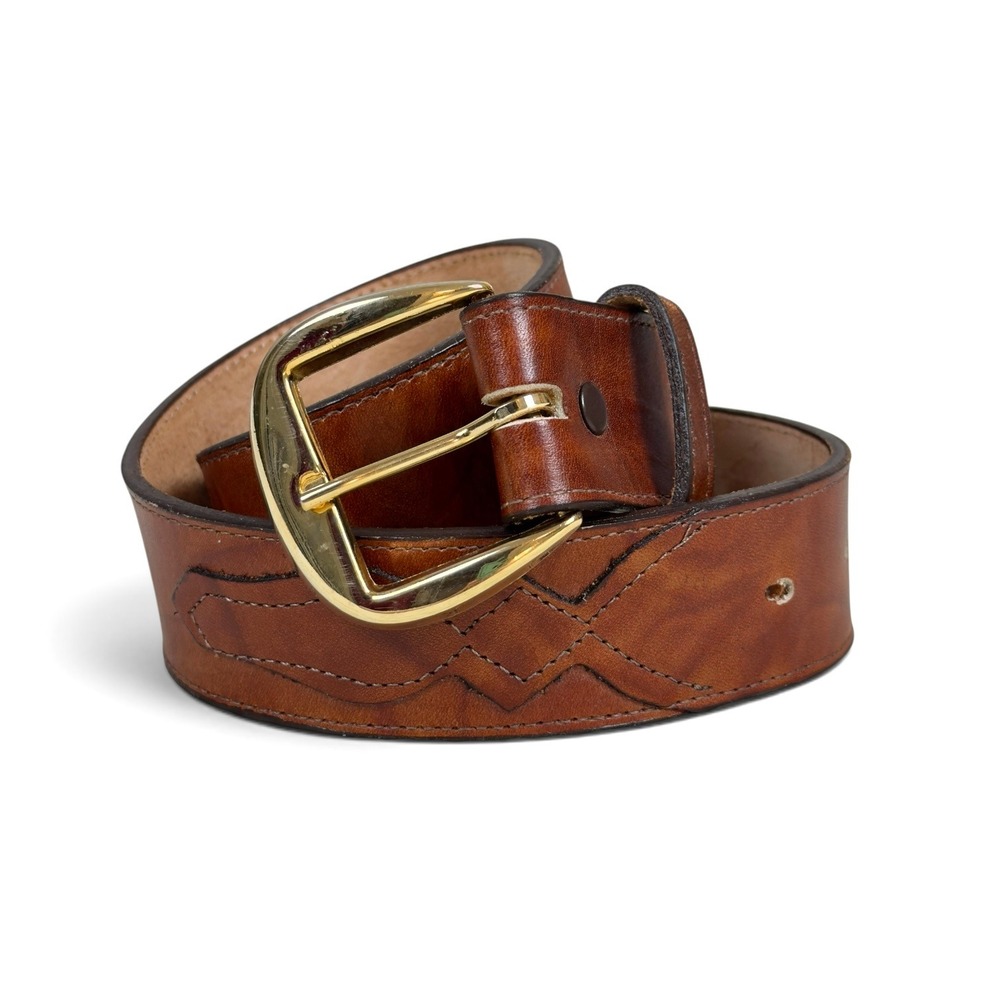Western Dan Post Leather Belt Brown Tooled Brass Buckle Size 30 Rustic Rodeo
